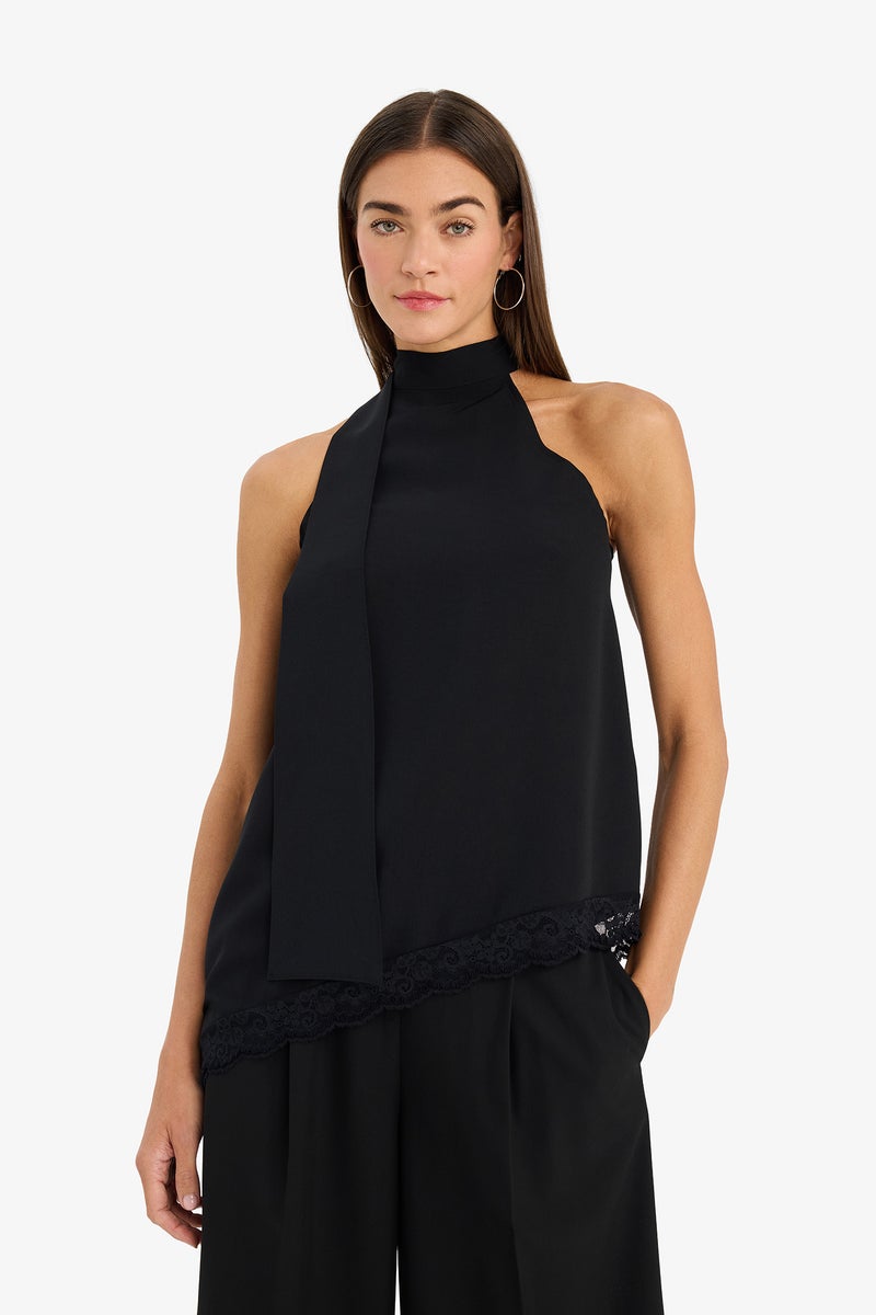 DeFacto Black Woman Halter Neck Lace Crepe Blouse Casual - Image 3